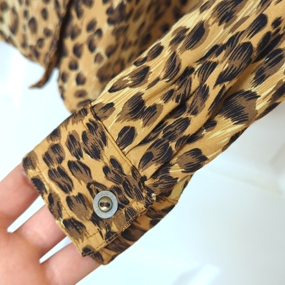 Liz Wear 90's Vintage Leopard Print Long Sleeve Button Down Shirt Brown Black M - Picture 10 of 12